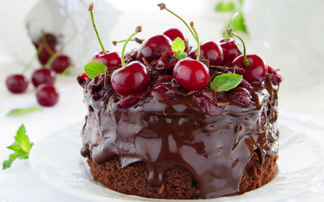 Chocolate cake cherries rococo dessert free wallpaper for desktop - medium preview image
