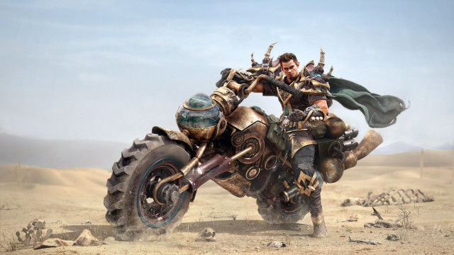 Desert motorcycle hero cape fantasy free wallpaper for desktop - medium preview image