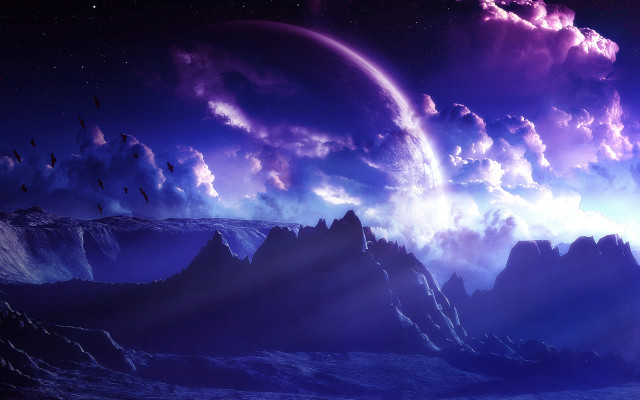 Purple clouds birds moon stars free wallpaper for desktop - medium preview image
