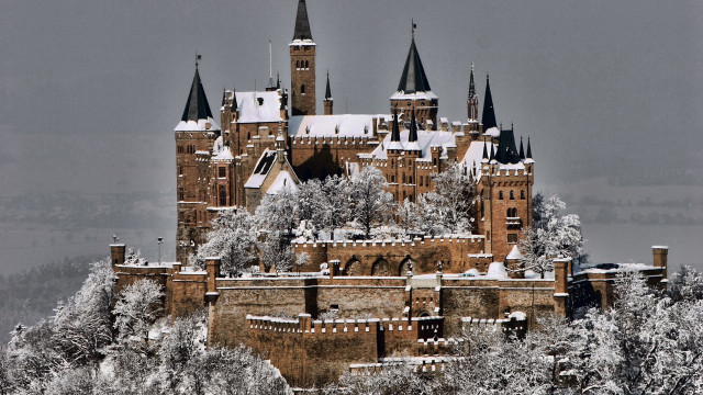 Snowy castle bridge tower trees free wallpaper for desktop - medium preview image