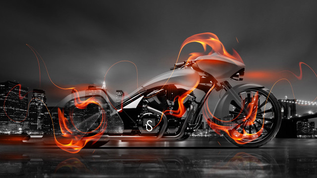 Motorcycle flames city blackwhite digital free wallpaper for desktop - medium preview image