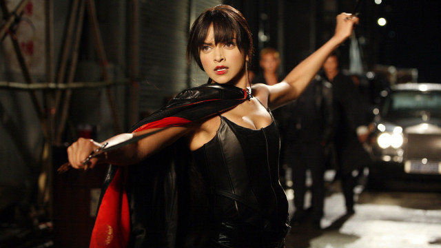 Woman leather redscarf blackjacket street free wallpaper for desktop - medium preview image