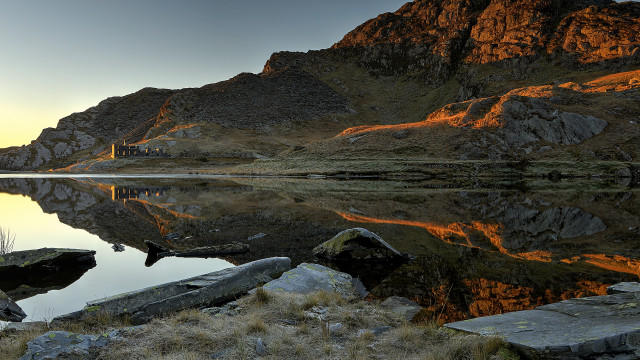 Mountain lake reflections sunset rocks free wallpaper for desktop - medium preview image