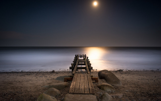 Wooden dock beach full moon free wallpaper for desktop - medium preview image