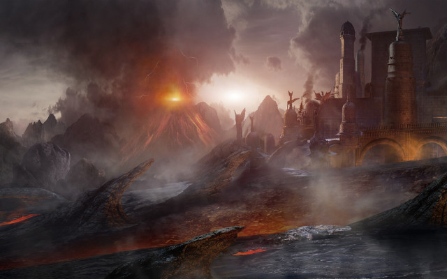 Fantasy castle fire lava rocks free wallpaper for desktop - medium preview image