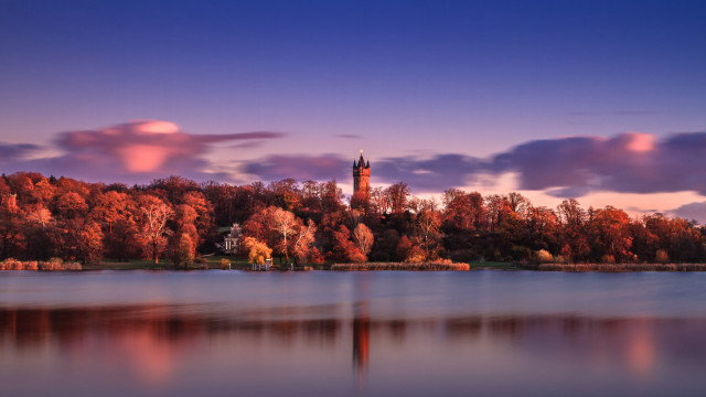 Lake clock tower autumn forest free wallpaper for desktop - medium preview image