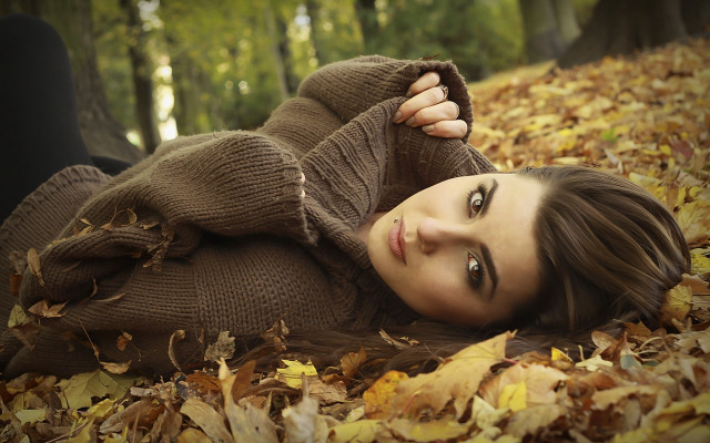 Woman lying forest autumn fishnets #2 free wallpaper for desktop - medium preview image