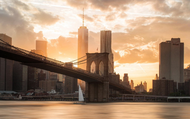 Sailboat bridge city sunset water free wallpaper for desktop - medium preview image