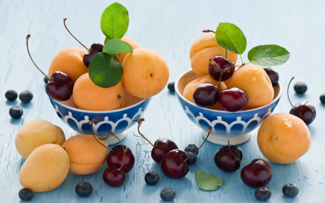 Bowl fruit cherries peaches table free wallpaper for desktop - medium preview image