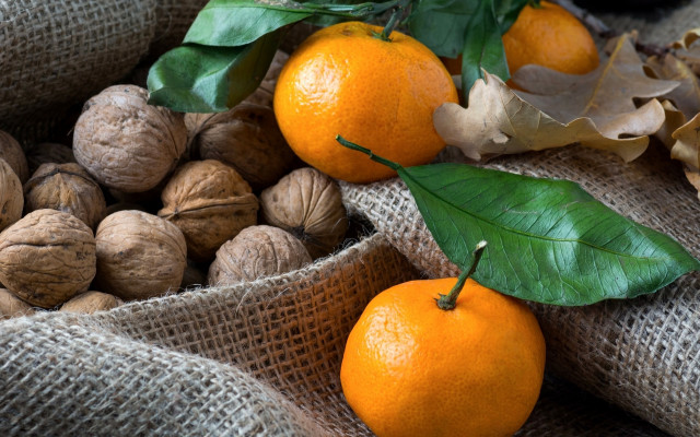 Nuts oranges burlock leaves stilllife free wallpaper for desktop - medium preview image