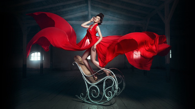 Woman red dress sled dark free wallpaper for desktop - medium preview image
