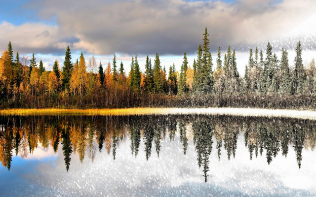 Lake trees snow clouds autumn free wallpaper for desktop - medium preview image