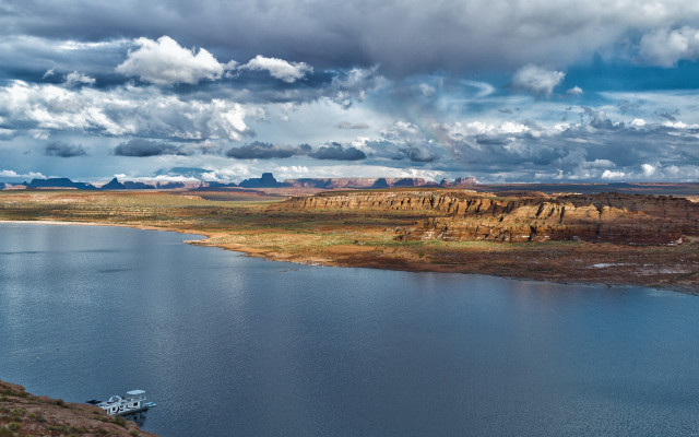 Lake mountains boat cloudy sky free wallpaper for desktop - medium preview image