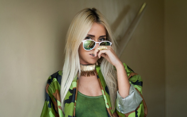 White hair sunglasses green coat free wallpaper for desktop - medium preview image