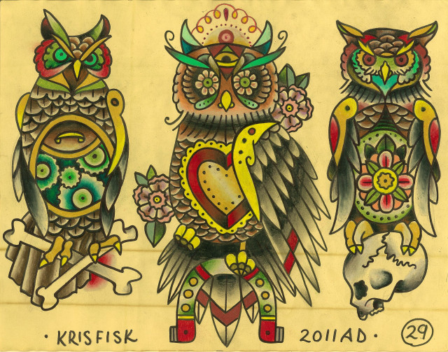 Owls skulls flowers drawing art free wallpaper for desktop - medium preview image