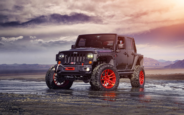 Jeep red wheels water mountains free wallpaper for desktop - medium preview image
