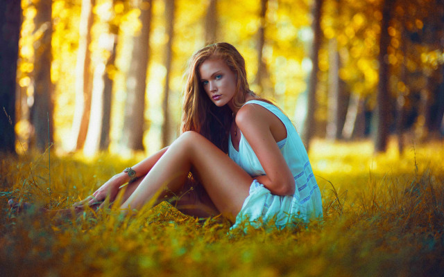 Woman sitting grass autumn fire free wallpaper for desktop - medium preview image
