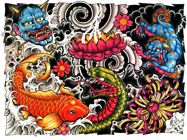Dragon fish flowers side drawing free wallpaper for desktop - medium preview image