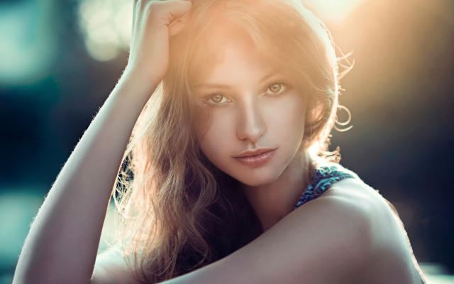 Woman blue dress wind portrait free wallpaper for desktop - medium preview image