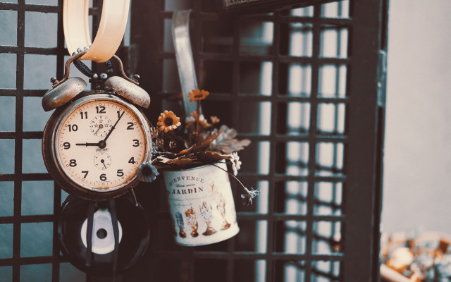Clock flowerpot stilllife shallowfocus indoor free wallpaper for desktop - medium preview image