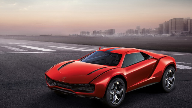 Red sports car city runway free wallpaper for desktop - medium preview image