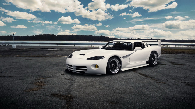 White sports car lake clouds free wallpaper for desktop - medium preview image