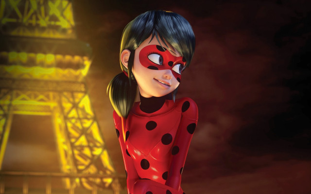 Cartoon redblackpolkadotdress eiffeltower panfuture promotional free wallpaper for desktop - medium preview image