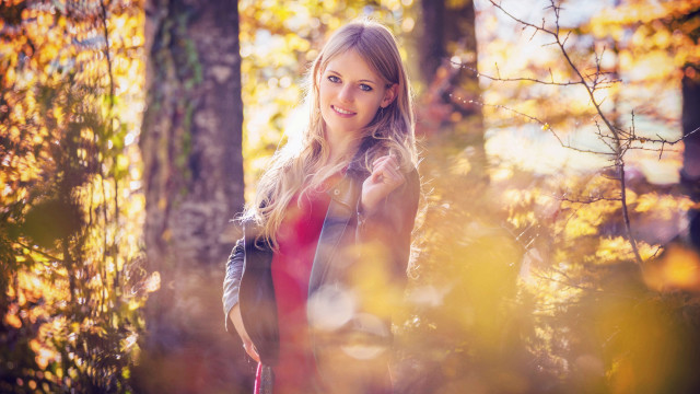 Woman woods backpack smiling autumn free wallpaper for desktop - medium preview image