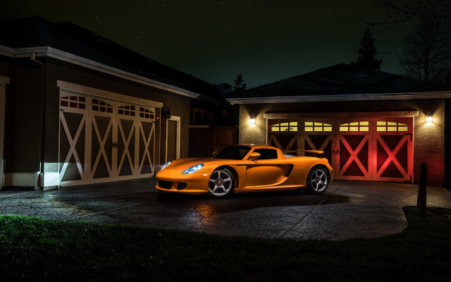 Yellow sports car night garage free wallpaper for desktop - medium preview image