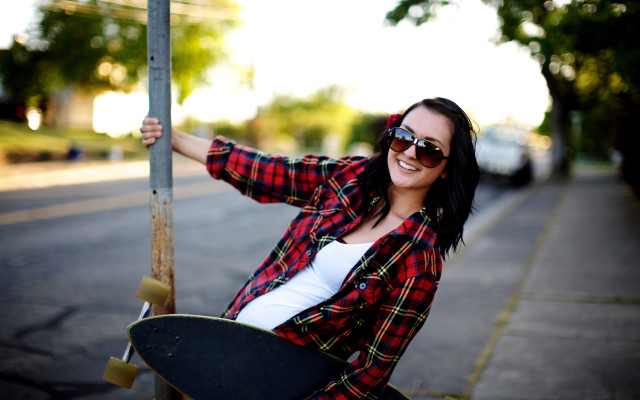 Woman skateboard city street trees #2 free wallpaper for desktop - medium preview image