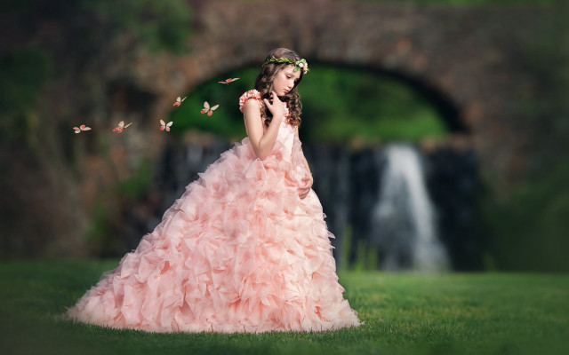 Pink dress waterfall butterflies portrait free wallpaper for desktop - medium preview image