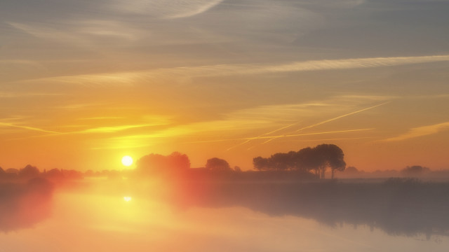 Sunset lake trees clouds contrails free wallpaper for desktop - medium preview image