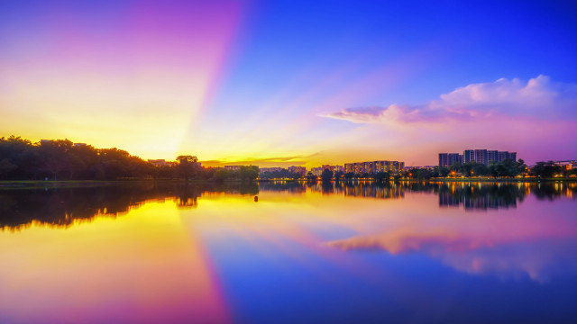 Sunset lake rainbow city bridge free wallpaper for desktop - medium preview image