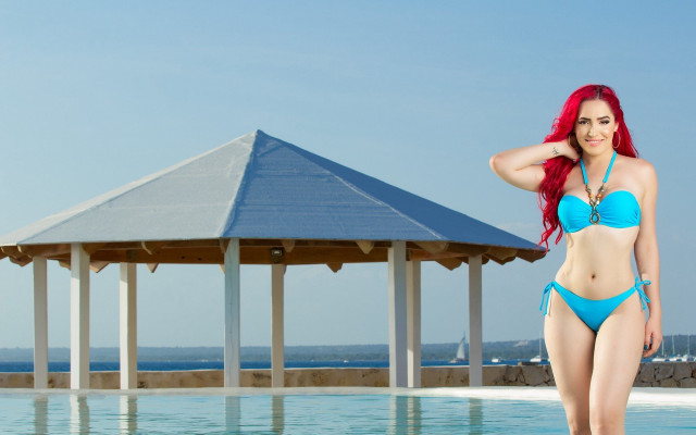 Woman blue bikini pool gazebo free wallpaper for desktop - medium preview image