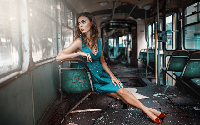 Woman blue dress train seat free wallpaper for desktop - medium preview image