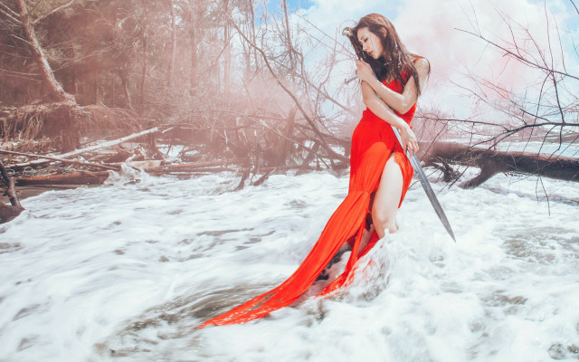 Woman red dress sword river free wallpaper for desktop - medium preview image
