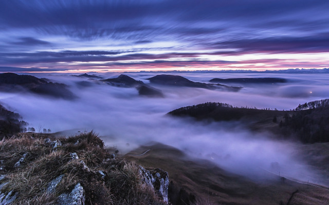 Mountain fog sunset purple sky free wallpaper for desktop - medium preview image