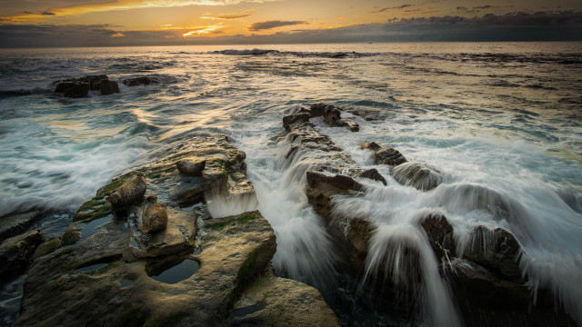 Rocky shore waves sunset clouds #3 free wallpaper for desktop - medium preview image