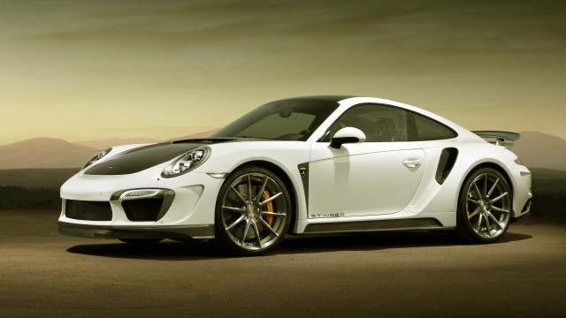 White porsche sunset mountains cloudy free wallpaper for desktop - medium preview image