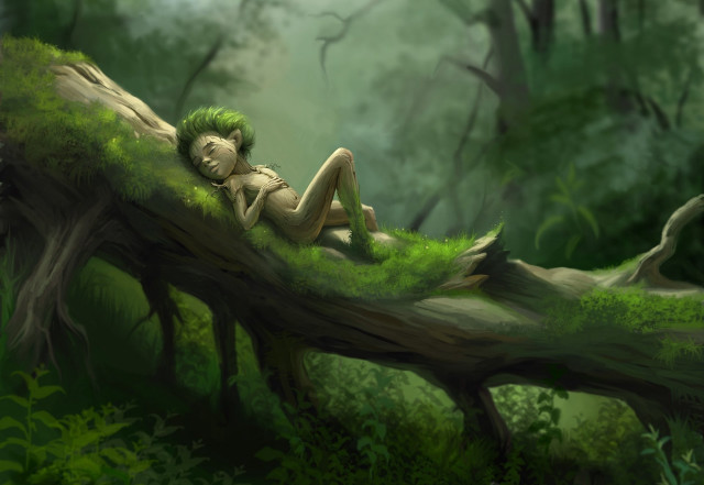 Woman lying tree forest digital free wallpaper for desktop - medium preview image