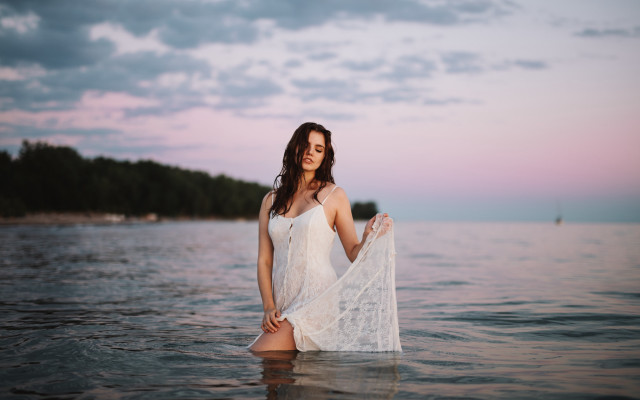 Woman white dress water sailboat free wallpaper for desktop - medium preview image
