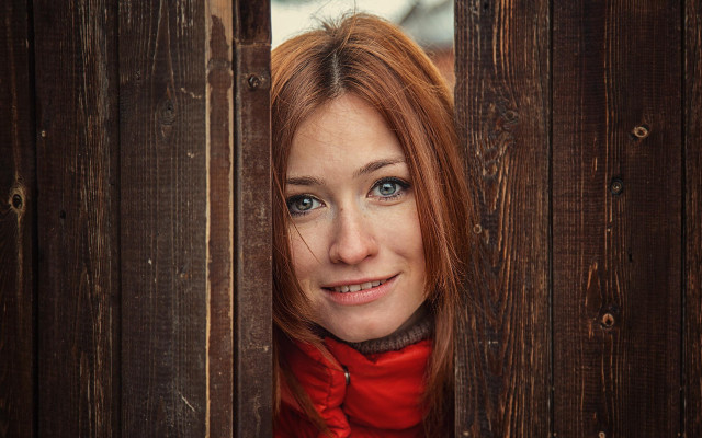 Woman redhair fence redscarf jacket free wallpaper for desktop - medium preview image
