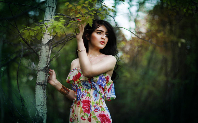 Woman floral dress forest bush free wallpaper for desktop - medium preview image