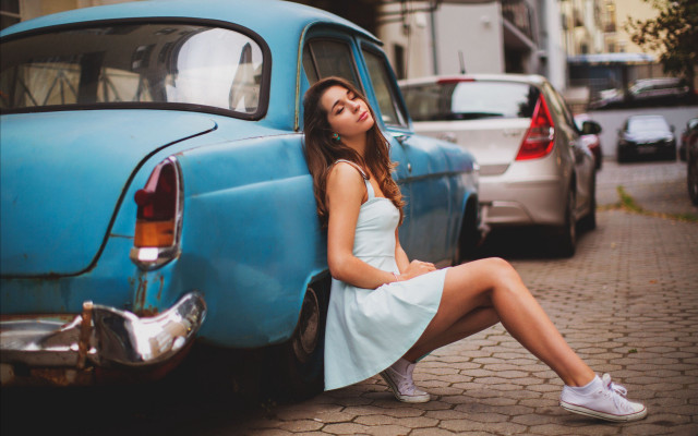 Woman dress leaning car outdoors #2 free wallpaper for desktop - medium preview image