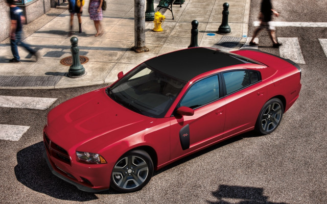 Red car sidewalk people building free wallpaper for desktop - medium preview image