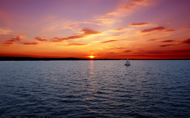 Sailboat sunset water mountain city free wallpaper for desktop - medium preview image