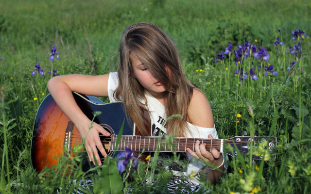 Girl guitar field flower nature free wallpaper for desktop - medium preview image