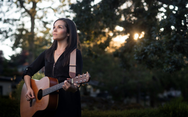 Woman guitar sky trees bokeh free wallpaper for desktop - medium preview image