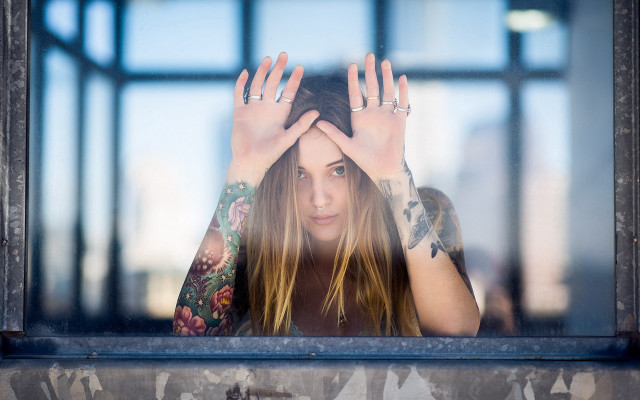 Tattooed woman window floral jewelry free wallpaper for desktop - medium preview image