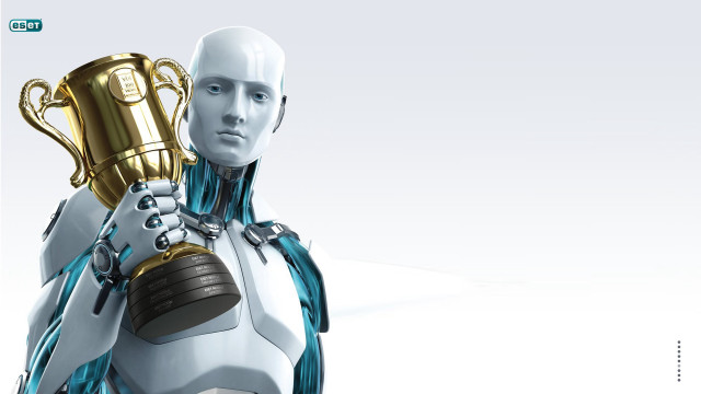 Robot holding trophy white blue free wallpaper for desktop - medium preview image